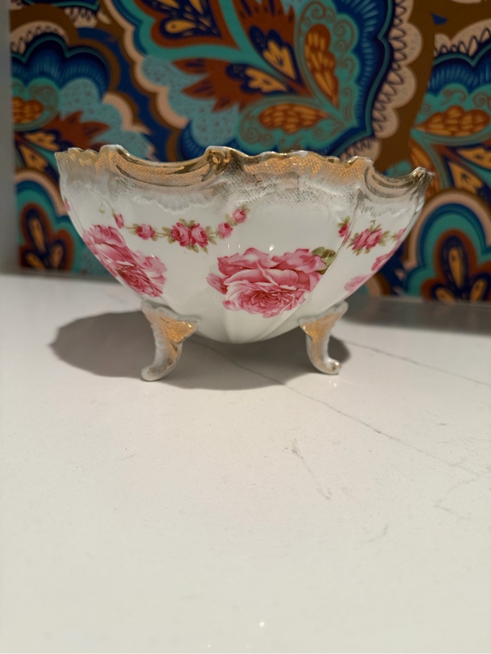 Steinmann Germany Bridal Rose a La France Porcelain Footed Bowl Gold